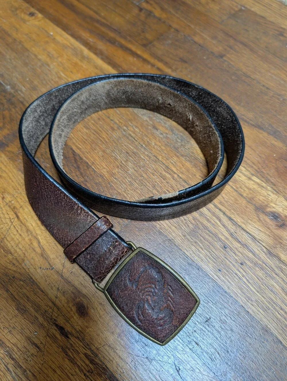 Vtg Men's Brown Size 42/44 Dress Belt, Adjustable Solid with Scorpion Buckle